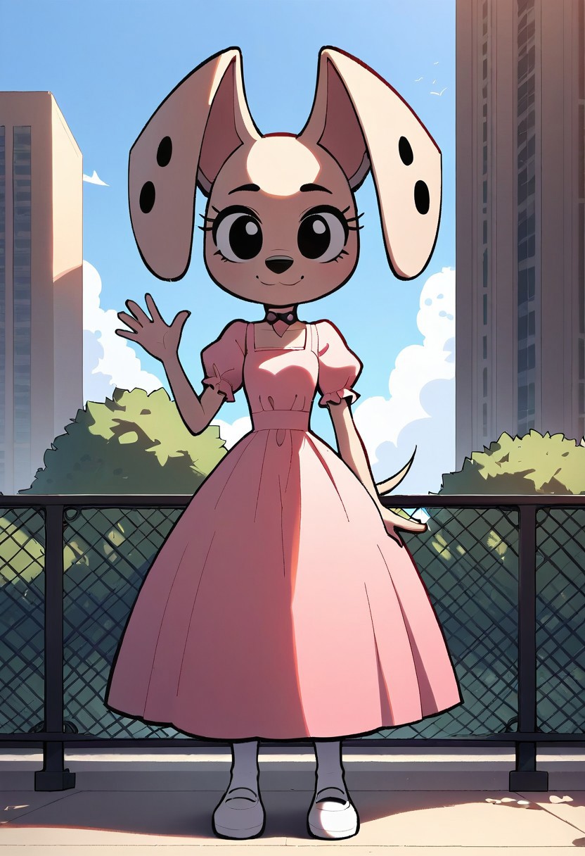 (score_9 | score_8_up | score_7_up)
((masterpiece:1))(best quality,very high quality,ultra detailed:1.2)
(2D,anime style:1)(lora:add-detail-xl:1)(Smooth:2)(clean blurring)
(four fingers on each hand,one thumb on each hand:1)
(detailed hands:1)(extra detailed,realistic eyes)
(solo,alone,one character)(anatomically correct)
(detailed face and eyes:1)(precise face and eyes:1)
|
(city,park background,outdoors,sunlight)
(front view,full body view)(sitting,on wooden bench:1)
(cute expression,looking at viewer,smile,closed mouth)
(waving one hand)
|
(triple_D)(shortstack,slim body,petite:1)
(anthro,Dog,dalmatian)(white and black fur,black spots)
(thin tail,large ears,black eyes)
(flat chest)(k9 ears,animal ears,thin tail,dog tail)
(thin arms,skinny waist,narrow waist,skinny thighs,skinny legs:1)
(pink spiked collar)(pink sundress,puffy sleeves,long skirt,socks,shoes)