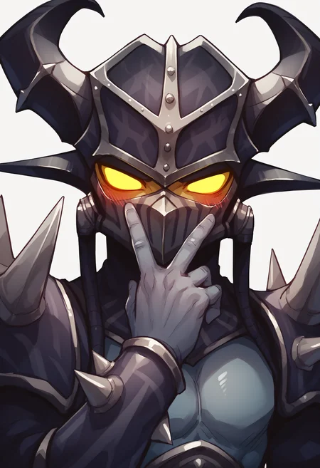score_9, score_8_up, score_7_up, score_6_up, score_5_up, score_4_up, BREAK, kassadinpdxl, solo, mask, 1boy, armor, horns, yellow eyes, glowing eyes, no pupils, yellow sclera, helmet, spikes, upper body, <lora:Kassadin:0.7>, cunnilingus gesture, looking at viewer, blush, low angle, <lora:Cunnilingus gesture XL:0.8>