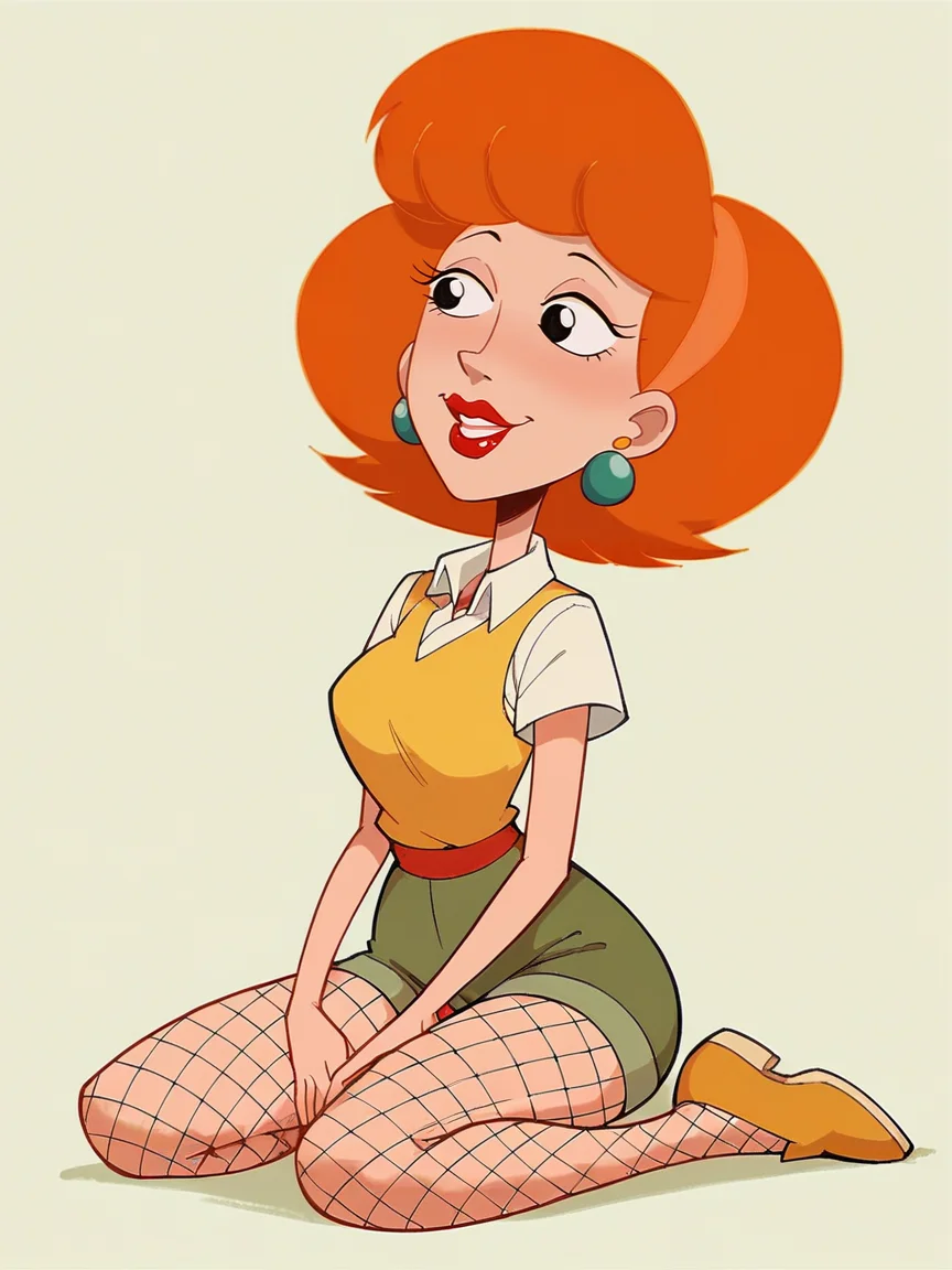 score_9, score_8_up, score_7_up, score_6_up, score_5_up, <lora:lindaFFXLP:0.8> lindaff, 1girl, solo, lipstick, orange hair, earrings, kneeling,, fishnet pantyhose, retro style