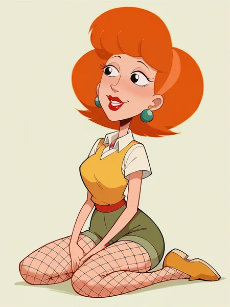 score_9, score_8_up, score_7_up, score_6_up, score_5_up, <lora:lindaFFXLP:0.8> lindaff, 1girl, solo, lipstick, orange hair, earrings, kneeling,, fishnet pantyhose, retro style