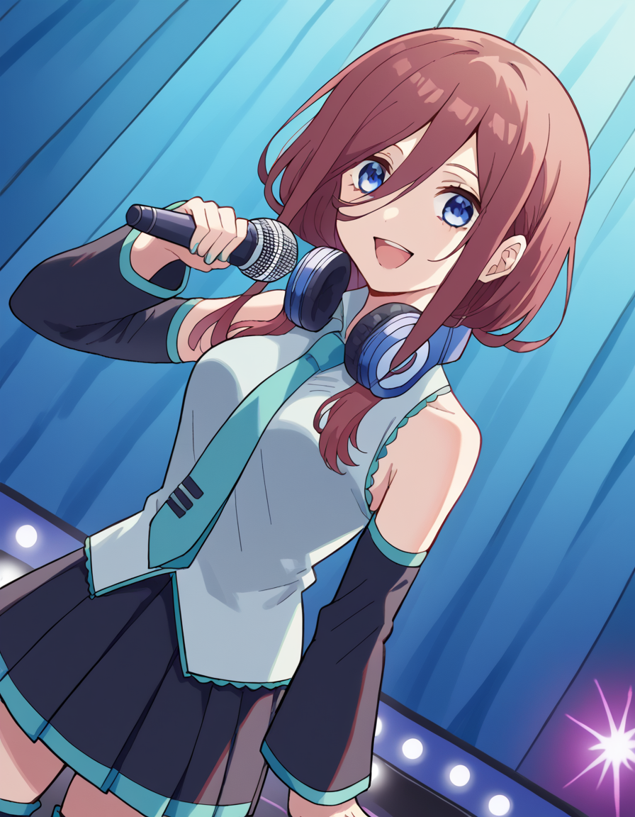 score_9, score_8_up, score_7_up, source_anime, mikunakano, <lora:miku-nakano-s1-ponyxl-lora-nochekaiser:1>, miku nakano, long hair, bangs, blue eyes, brown hair, hair between eyes, headphones, headphones around neck,, <lora:hatsune-miku-cosplay-ponyxl-lora-nochekaiser:1>, hatsunemikucosplay, hatsune miku \(cosplay\), aqua necktie, black footwear, black skirt, black sleeves, boots, collared shirt, detached sleeves, grey shirt, necktie, pleated skirt, shirt, skirt, sleeveless, sleeveless shirt, thigh boots, tie clip,, stage, stage lightings, singing, microphone, holding microphone, open mouth, smile,, cowboy shot, dutch angle,