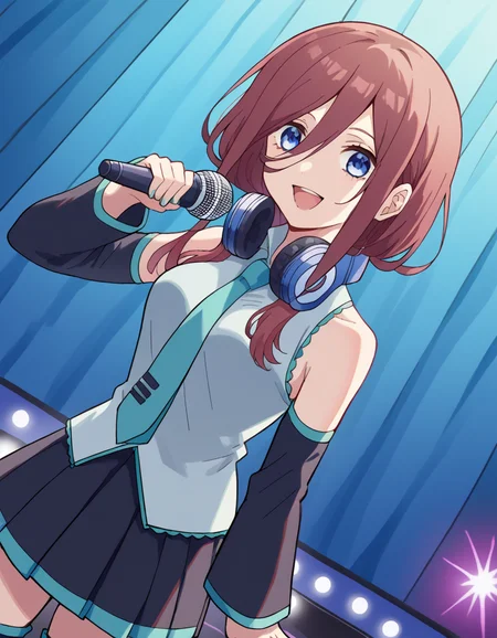 score_9, score_8_up, score_7_up, source_anime, mikunakano, <lora:miku-nakano-s1-ponyxl-lora-nochekaiser:1>, miku nakano, long hair, bangs, blue eyes, brown hair, hair between eyes, headphones, headphones around neck,, <lora:hatsune-miku-cosplay-ponyxl-lora-nochekaiser:1>, hatsunemikucosplay, hatsune miku \(cosplay\), aqua necktie, black footwear, black skirt, black sleeves, boots, collared shirt, detached sleeves, grey shirt, necktie, pleated skirt, shirt, skirt, sleeveless, sleeveless shirt, thigh boots, tie clip,, stage, stage lightings, singing, microphone, holding microphone, open mouth, smile,, cowboy shot, dutch angle,
