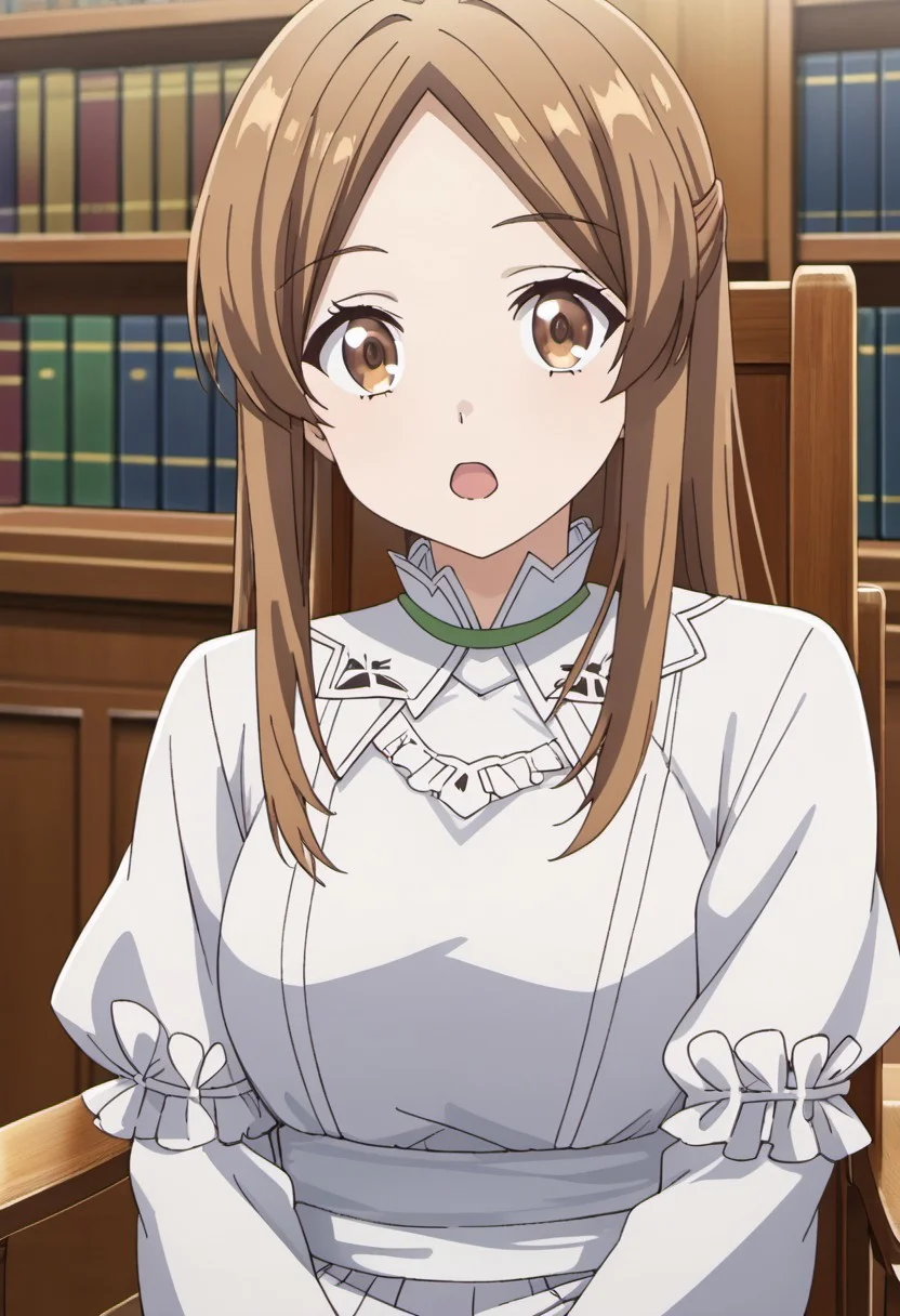 tiona rudolvon, brown hair, brown eyes, long hair, 1girl, solo, chair, open mouth, bookshelf, parted bangs, anime coloring, looking at viewer, indoors, sitting