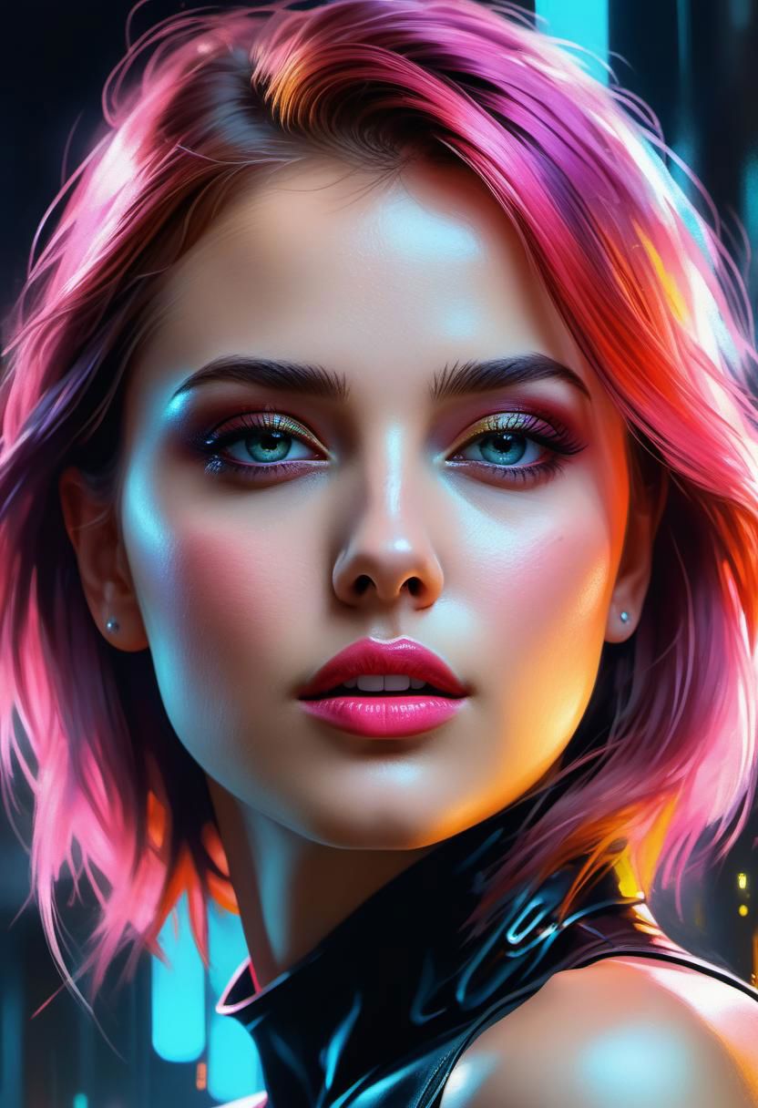 close-up, portrait, Neon Girl android, artificial intelligence, RTX, 8k, HDR, best quality, cinematic film story, (masterpiece), Anna Razumovskaya, Casey Baugh, Antonio Mora, Aminola Rezai, Giovanni Boldini, art, realistic art, digital illustration, portrait, bright rich colors, Digital art, watercolor, oil paints, alcohol inks