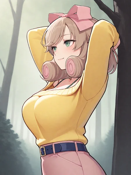 masterpiece, best quality, good quality, masterpiece, best quality, very aesthetic, (tsuvida:0.5)
solo, Haruka_IL, light brown hair, short hair, drill hair, hair ribbon, green eyes, large breasts, BREAK, Haruka_casual, yellow off-shoulder sweater, brown pantyhose, pink skirt, blue belt, bra strap
from side, sideview, hands behind head
outdoors, forest, trees
<lora:Haruka_IL:1>
<lora:ponyv5_noobE11_1_adamW:0.7>
<lora:ai_styles_collection_noob_vpred-0.6_v3:0.5>