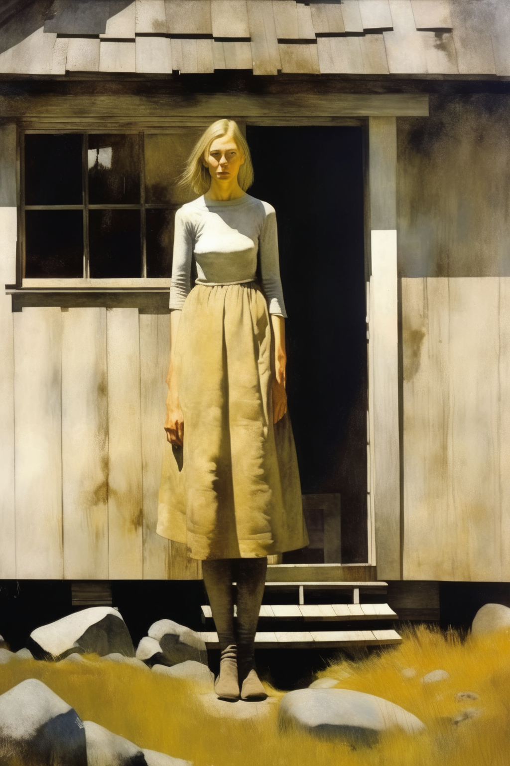 <lora:Andrew Wyeth Style:1>Andrew Wyeth Style - a modernist painting of a beautiful 50 year old young looking woman at a mountain cabin painted