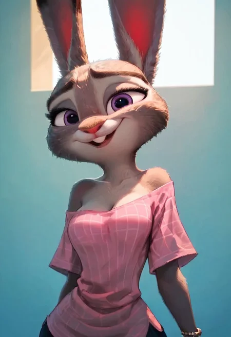 score_9, score_8_up, score_7_up, score_6_up, 1girl, solo, girl 21yo, (judyhopps), tiny bunny furry, bald head, interesting angle, natural round round breasts, perfect face, thin waist, focus on furry, expressive smug, well-lit, cleavage crease, (sexy perfect face), looking at viewer,) sexy, highly detailed, (cute girl), Ju_dy, Expressiveh, open mouth, smile, :d, looking at viewer, oversized shirt, upper body, pink shirt, bracelet 
((Bedroom background)), perfect eyes,  ((medium  breasts, big hips)),
perfect eyes,