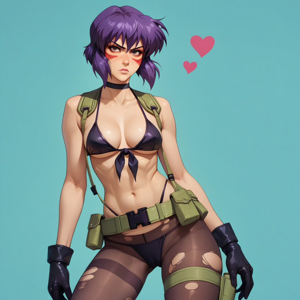 score_9, score_8_up, score_7_up, source_anime, expressive, anime, Artist Style:urushihara_satoshi, speedlines, dynamic, hearts, 1girl, Motoko Kusanagi\(Ghost in the Shell\), (purple Hair:1.3), quietcosplayXL, bikini, black choker, front-tie_bikini_top, gloves, lowleg_pantyhose, black bikini, pantyhose, torn_pantyhose, facepaint, makeup, eyeliner, thigh_strap, green_belt, boots, quiet_(metal_gear)_(cosplay), cosplay
