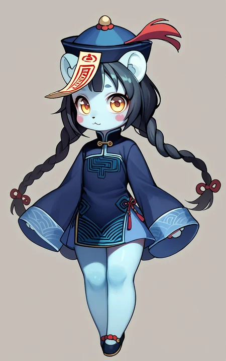 score_9,score_8_up,score_7_up,
<lora:jiangshiPony:1>,
jiangshi,1girl,solo,cute witchy hat,traditional qing guanmao,long black hair in a sweet braid,bangs giving a charming look,lightly blue-tinted colored skin with a soft glow,adorable blush stickers,sleeves past wrists and fingers of a black dress with delicate frills that seem both spooky and endearing,Chinese clothes style with a touch of magic,ofuda with a cute pattern fluttering gently,full body visible against a deep,dark background of a spooky night with a full moon casting an eerie glow.,