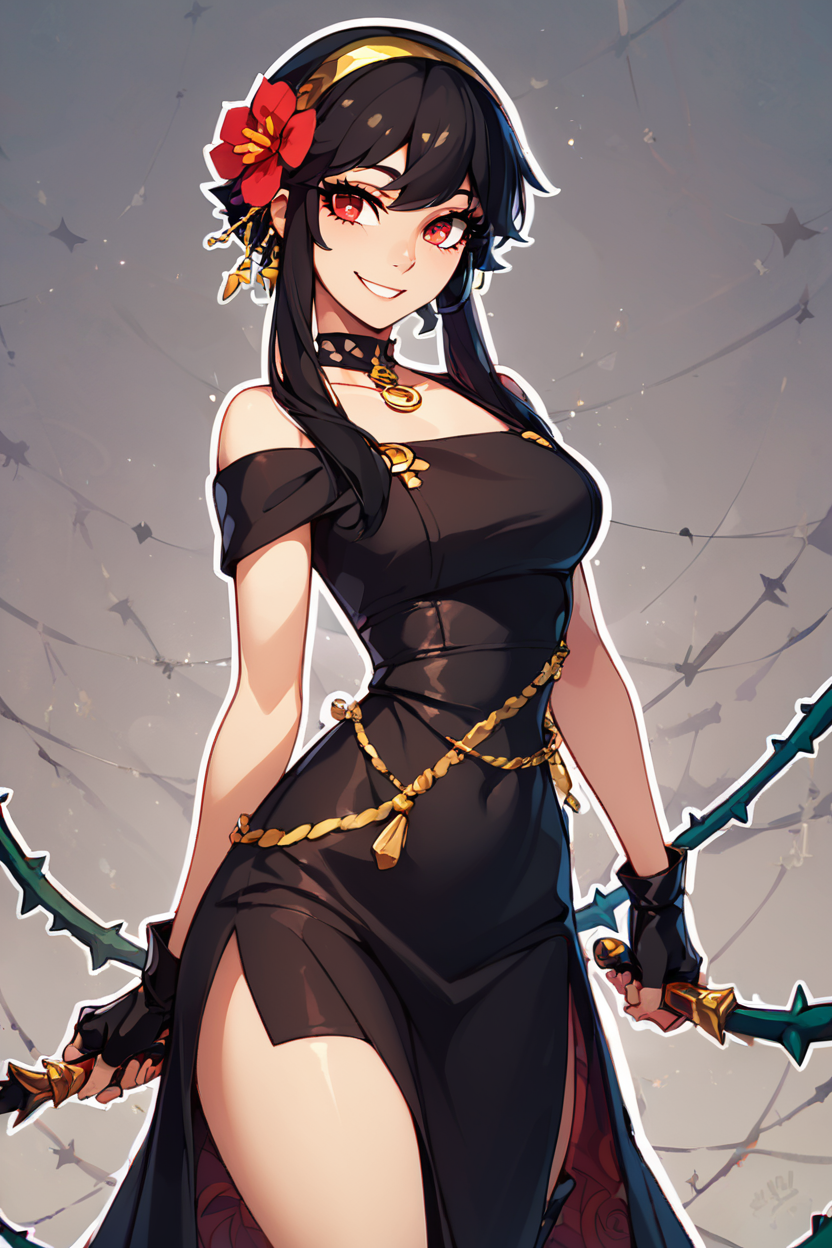 score_9, score_8_up, score_8, big breasts, (curvy), cute, eyelashes,      rating safe,   BREAK,  YorForger,1girl,black hair, red eyes, short hair with long locks, gold hairband, hair flower, black choker, black dress, sleeveless, off shoulder, floral print, fingerless gloves, black footwear, thigh holding dagger,   BREAK,   smile, looking at viewer, abstract background, thorns, dark theme, white outline, cowboy shot,   embedding:zPDXL, Expressiveh  <lora:YorForgerXLpony004:0.8>,  <lora:CatalystStylePDXL:0.6>,  <lora:SDXLFaeTastic2400:0.5>,  <lora:Expressive_H-000001:0.4>,