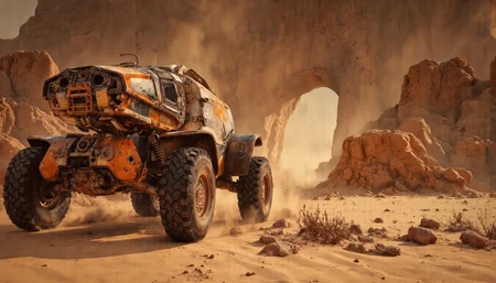 A photo-realistic depiction of a futuristic, armored vehicle driving through a desert landscape with rocky formations and a large archway in the background. the vehicle is in the middle of the image, positioned in the center of the frame, with large, off-road tires and a sleek, metallic body. It appears to be a large, robotic vehicle with a metallic finish and intricate details, featuring a camera mounted on the front and a control panel on the back. The vehicle is moving at a high speed, leaving a trail of dust behind it as it navigates the rocky terrain. the background features a vast, rocky landscape with sparse vegetation and a distant, rocky archway, casting a warm, orange glow over the scene. the image has a high level of detail and realism, with a focus on the vehicle's design and the textures of the desert environment.