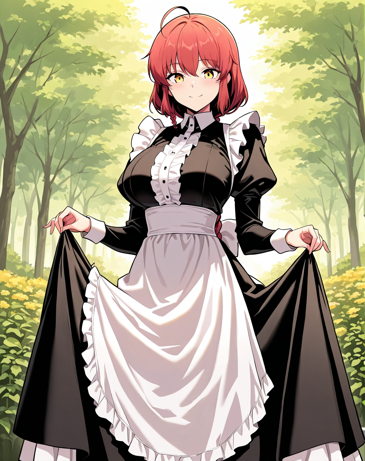 <lora:Ha_Yuri illustri:1>
1 girl, solo, long braided ponytail, red hair, short hair, ahoge, yellow eyes
maid's outfit
Masterpiece,(perfect female body:1.2), small waist, (incredibly detailed:1.4), slim, beautiful fingers, beautiful skin, looking at viewer, breasts, skirt hold, large breasts, long sleeves, smile, garden background
