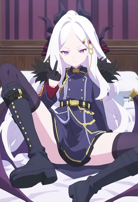 score_9, score_8_up, score_7_up, source_anime, anime screencap, anime coloring,
BREAK
1girl, solo, <lora:shiHina:1>, hineanime, white hair, long hair, bangs, purple eyes, demon horns, parted bangs, wings, hair ornament, military uniform, fur trim, coat,
looking at viewer, black gloves, thighhighs, spread legs, knee boots, indoors, bed, middle finger,