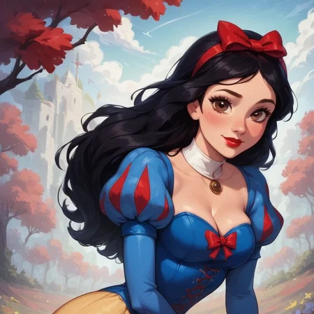 score_9, score_8_up, score_7_up, score_6_up, score_5_up, score_4_up, sexy girl, 1girl, Snowwhite, Disney, \(Snow White and the Seven Dwarfs\)/,(ultra HD quality details), brown eyes, black hair, bobbed hair, pale skin, blue sleeves with red slashing, puffy sleeves, yellow skirt, laced petticoat, dress, white collar,
makeup, red lipstick, red hair bow, modest smile, modest look, seducing viewer, hearts, posing, sexy pose, solo, hairband, large saggy boobs, fantasy forest, apple tree, submission, flowers, sun light, cinematic lightings