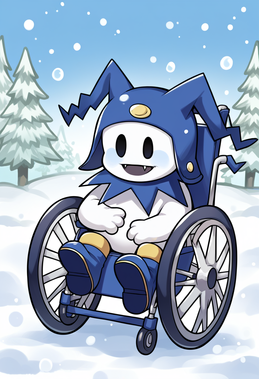 score_9, score_8_up, score_7_up, source_anime BREAK solo, <lora:Jack-Frost-pdxl_Fp-000006:1>, jackfrostsmt, creature, white skin, solid oval eyes, :d, fangs, jester cap, blue footwear,  <lora:Wheelchair_XLPD:1>, wheelchair, sitting, snow, snowing, chibi