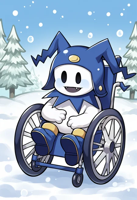 score_9, score_8_up, score_7_up, source_anime BREAK solo, <lora:Jack-Frost-pdxl_Fp-000006:1>, jackfrostsmt, creature, white skin, solid oval eyes, :d, fangs, jester cap, blue footwear, <lora:Wheelchair_XLPD:1>, wheelchair, sitting, snow, snowing, chibi