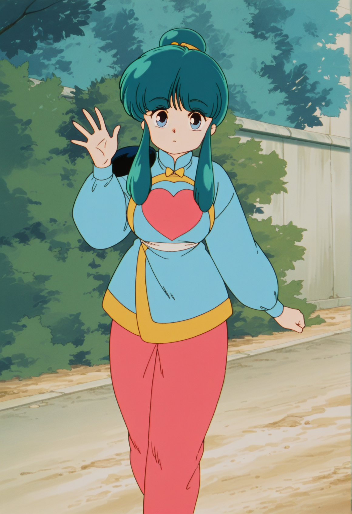 retro artstyle, anime screencap, anime screenshot, anime coloring, 1girl, solo, aqua hair, blue eyes, single hair bun, long sidelocks, chinese clothes, heart print, shoulder pad, blue shirt, pink pants, waving, outdoors, street  <lora:twins_ranma:1>, masterpiece, best quality, amazing quality, very aesthetic, absurdres, highres, newest
