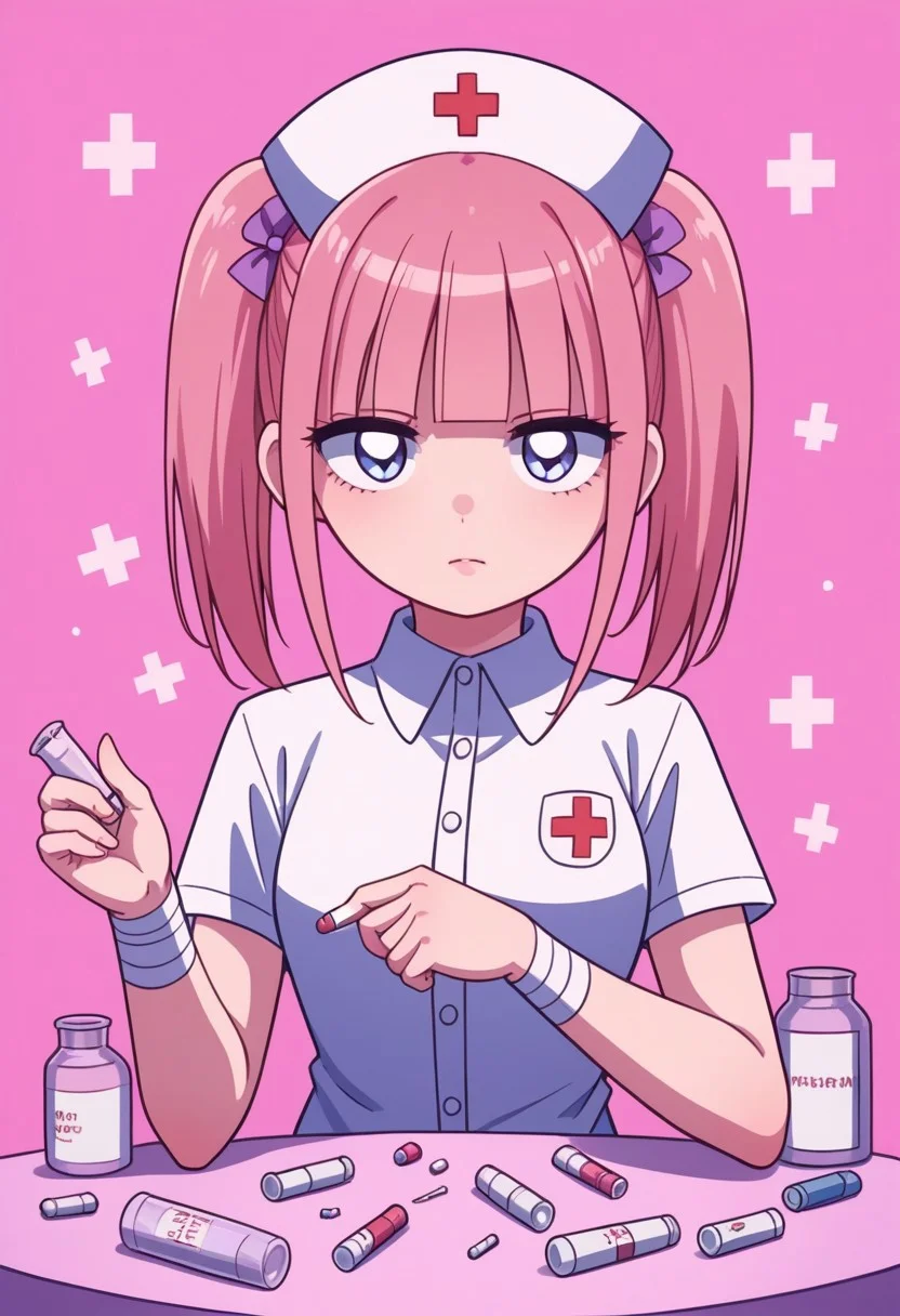 score_9, score_8_up, score_7_up,
masterpiece, best quality, detailed, amazing quality,
detailed background,
detailed eyes, clean eyes,
dynamic pose, 
easynegative,
solo, 1girl, menhera-chan, nurse, nurse cap, pills, medicine, medicine in hand,