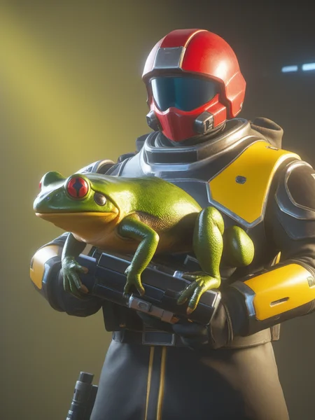 helldivers, A warrior with a red and yellow helmet, holding an oversized frog in his hand, virtual electronic arts, unreal engine, ultra-clear stereo <lora:helldivers:0.5>