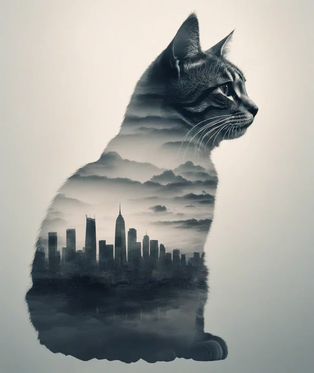 double exposure style,prospect:1 l cat sideways,silhouette:building landscape,cloud,Silhouette intensity strong,anime style,<lora:double exposure style:0.67>,