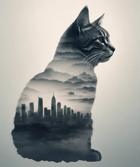 double exposure style,prospect:1 l cat sideways,silhouette:building landscape,cloud,Silhouette intensity strong,anime style,<lora:double exposure style:0.67>,