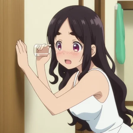 anime, best quality, (masterpiece:1.4), (high quality:1.4), sharp focus, 4k, absurd resolution, detailed hands, curly hair, long hair, black hair, 1girl, mature female, (parted hair:1.4), (round face), (no bangs:1.6), <lora:ETO_OC_XL:0.7>, hazel eyes, (thick eyebrows:0.9), sundress, skindentation, anime screencap,
 <lora:_sdxl-nusumigikli:0.5> nusumigiki, Stick to the wall, eavesdrop, Listen to the wall, Putting a glass to one's ear and listen to the wall, embarrassed, blush, squatting, glass, open mouth, excited, amused,