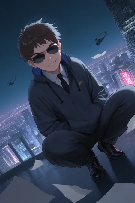 realistic shading, neon lights, male focus, squatting, looking at viewer, floating object, floating papers, hands in pocket, expressive face, smug, naotafc, brown_naotafc_male hair, blue_naotafc_eyes, 1boy, formal attire, sunglasses, covered eyes, shiny skin, suit, pants, black footwear, outdoors, night sky, dark, white bird, helicopter, cityscape, citylights, from above, dutch angle, dynamic angle, intricately detailed illustration, depth of field, masterpiece, best quality, amazing quality, very aesthetic, absurdres, newest