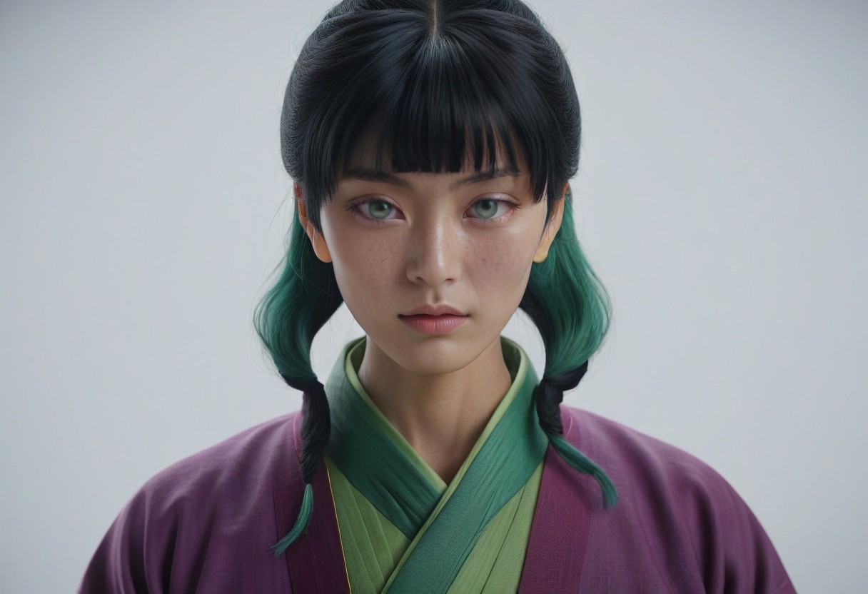 masterpiece, best quality, 8k, amazing quality, photorealistic, scinematic, Volumetric lighting, depth of field, wide angle, cinematic, realistic. <lora:MAO JINSHI_1.3 (30):1>, 1girl,green hair,blunt bangs,blue eyes, MAOTWO,solo,freckles,looking at viewer,closed mouth,white background,upper body,chinese clothes,yellow clothes, JINSHI,1boy,male focus,closed mouth,white background,facing viewer,parted bangs,purple hair,china clohtes,dark blue clohtes,purple eyes,mutual hug