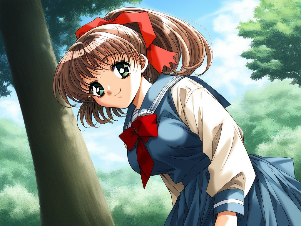 score_9, score_8_up, score_7_up, source_anime, rating_explicit, BREAK <lora:Sunohara_Suzuha_XL:0.9> Sunohara_Suzuha, brown hair, green eyes,  medium hair, ponytail, medium breasts, smile,
1girl, solo, day, sky, tree, school uniform, outdoors, long sleeves, dress, skirt,