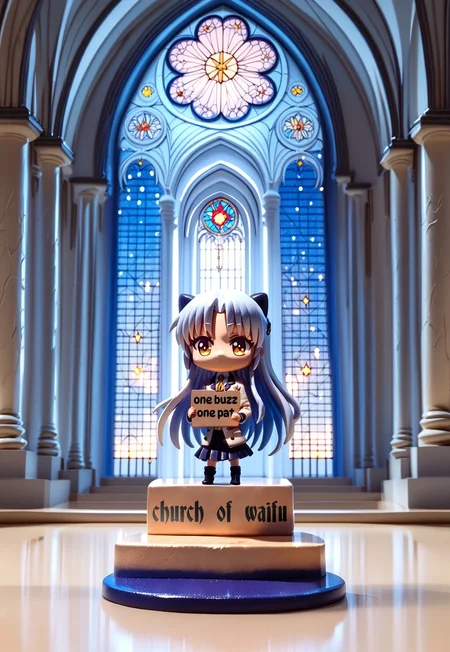 score_9, score_8_up, score_7_up, score_6_up, score_5_up, score_4_up,1girl,nendoroid, figure, platform,chibi,need_buzz, holding sign,trigger : kanade tachibana,1girl,solo,long hair,school,front bangs ,uniform,jacket,blazer,stained glass, church, arch,
