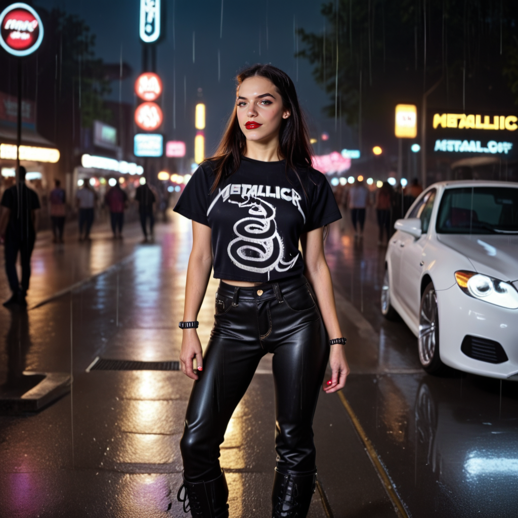Neon noir 1girl, wearing a Metallica t-shirt, metallica logo, metallica_coffin design, she has black jeans, boots, she is at a night party, ultra quality, ultra detailed, 8k ,  kxkx, 
metallica_black, mtbl  <lora:Rock__Metal_T-shirts_Metallica_-_Black_-_Pony_-000012:0.9> . Cyberpunk, dark, rainy streets, neon signs, high contrast, low light, vibrant, highly detailed
