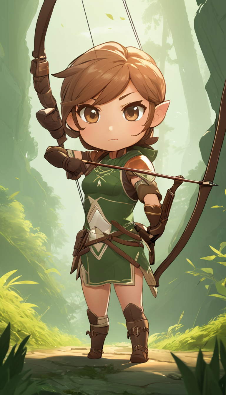 Cinematic scene, hero view, female ranger, archer, action pose, nature, detailed background, masterpiece, best quality, high quality, highres, absurdres, chibi <lora:nendoroid_xl_v7:1>