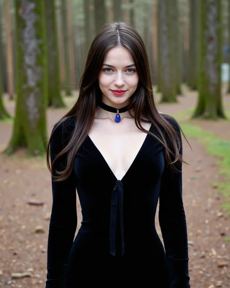 photography of a wicked cute 21 year old sorceress in medieval times looking at the camera, pale skin, long black hair, red lipstick, she is wearing a sexy black body hugging dress, deep V front with cleavage, a choker and brilliantly glowing blue sapphire pendant, blue eyes, standing in the forest <lora:GigiFlux_epoch_2:1>