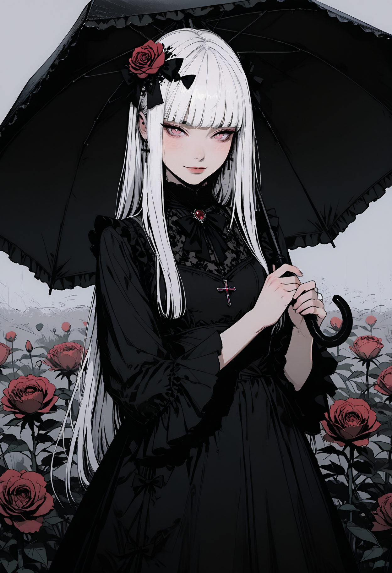 adult,
1woman,
masterpiece, newest,absurdres,incredibly absurdres, best quality, amazing quality, very aesthetic,
original,black bow,black dress,black umbrella,blunt bangs,blush,bow,bright pupils,closed mouth,cowboy shot,cross,cross earrings,dress,dress bow,earrings,flower,frilled sleeves,frills,grey background,hair bow,hair flower,hair ornament,hands up,holding,holding umbrella,jewelry,long hair,long sleeves,looking at viewer,pink eyes,red brooch,red flower,red rose,rose,sidelighting,simple background,smile,solo,straight hair,tsurime,umbrella,under umbrella,very long hair,white hair,wide sleeves,white pupil,frilled dreft, outdoors, flower field, peony \(flower\),
 <lora:GTHAN2:0.8> <lora:DRKWB:0.3> DRKWB <lora:Sinozick_style:0.4> Sinozick_illu,gradient,spot color