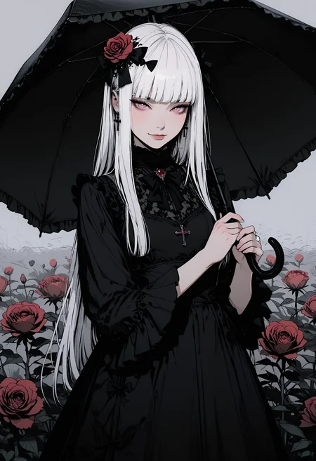 adult,
1woman,
masterpiece, newest,absurdres,incredibly absurdres, best quality, amazing quality, very aesthetic,
original,black bow,black dress,black umbrella,blunt bangs,blush,bow,bright pupils,closed mouth,cowboy shot,cross,cross earrings,dress,dress bow,earrings,flower,frilled sleeves,frills,grey background,hair bow,hair flower,hair ornament,hands up,holding,holding umbrella,jewelry,long hair,long sleeves,looking at viewer,pink eyes,red brooch,red flower,red rose,rose,sidelighting,simple background,smile,solo,straight hair,tsurime,umbrella,under umbrella,very long hair,white hair,wide sleeves,white pupil,frilled dreft, outdoors, flower field, peony \(flower\),
<lora:GTHAN2:0.8> <lora:DRKWB:0.3> DRKWB <lora:Sinozick_style:0.4> Sinozick_illu,gradient,spot color