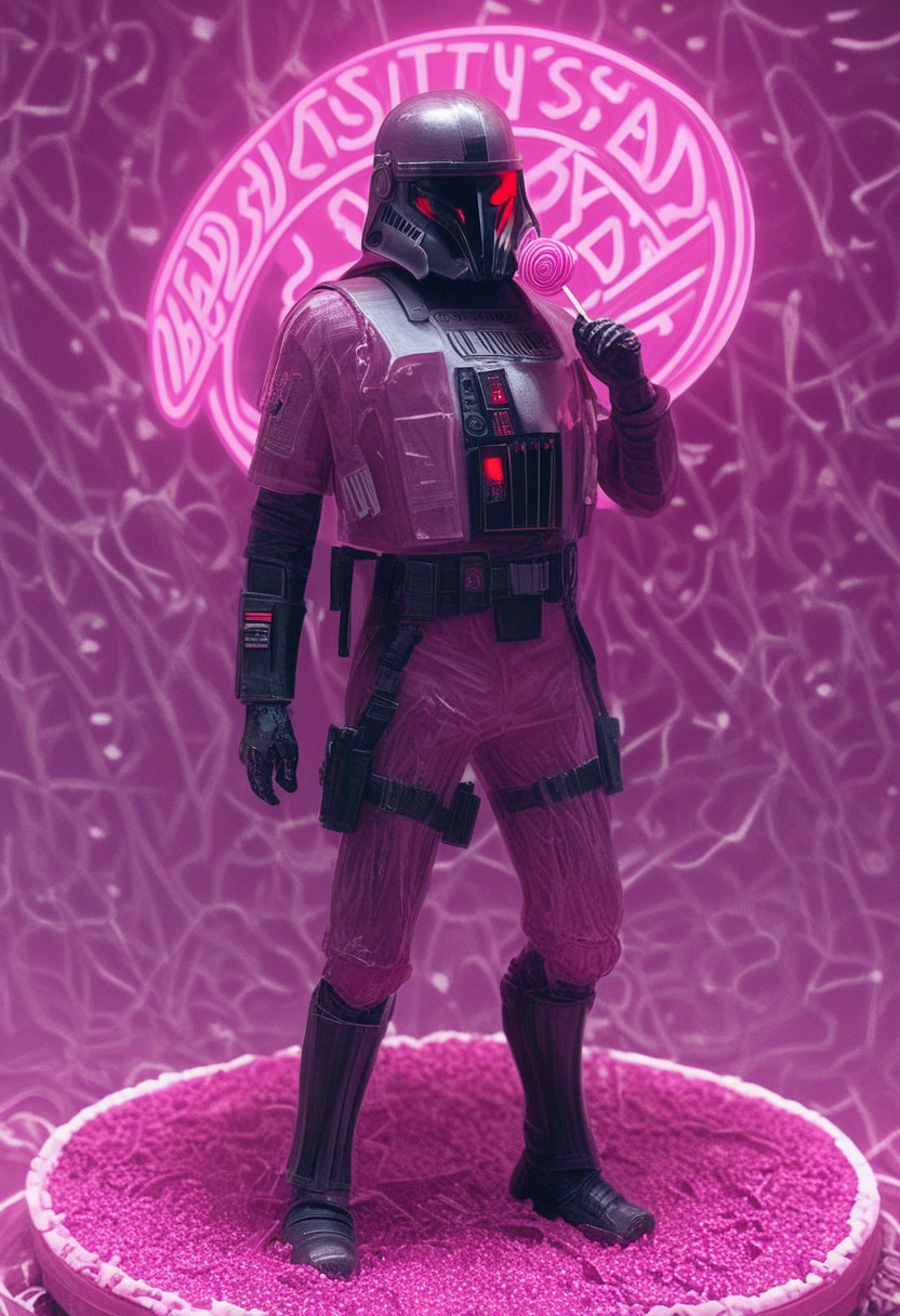 score_9, score_8_up, score_7_up, score_7, score_6_up, photo, detailed, full body, tack sharp, sharp focus, raw, realistic, highest quality, masterpiece, solo, Darth Vader in multi colored uniform made of candy, holding giant Lollipop, helmet, detailed candy land as background, everything is made out of candy, candy everywhere, candy, ((nsgzz, "CANDYLAND" (text), caps font, text focus, text, neon sign, white text, pink theme, glow)), d3t41l3d, full body, ((resin_cast))