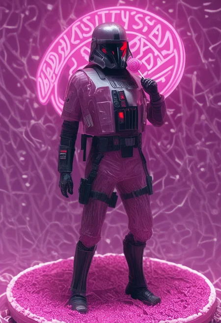 score_9, score_8_up, score_7_up, score_7, score_6_up, photo, detailed, full body, tack sharp, sharp focus, raw, realistic, highest quality, masterpiece, solo, Darth Vader in multi colored uniform made of candy, holding giant Lollipop, helmet, detailed candy land as background, everything is made out of candy, candy everywhere, candy, ((nsgzz, "CANDYLAND" (text), caps font, text focus, text, neon sign, white text, pink theme, glow)), d3t41l3d, full body, ((resin_cast))