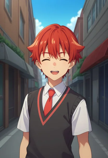 score_9, score_8_up, score_7_up, source_anime, highly detailed,
yuta, 1boy, male focus, closed eyes, open mouth, red hair, necktie, solo, black pants, shirt, school uniform, pants, red necktie, short sleeves, white shirt, looking at viewer, collared shirt, bangs,
outdoor, street, blue sky, upper body, smile,