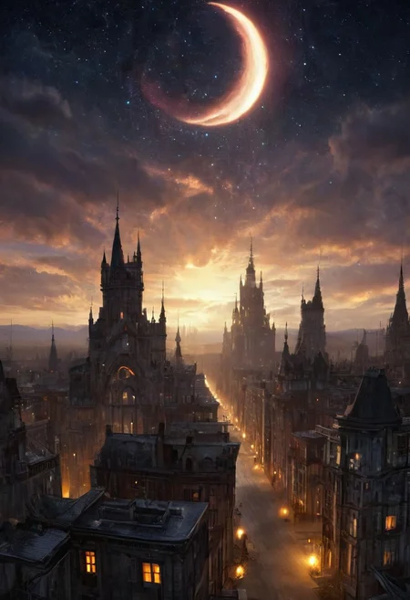 score_9, score_8_up, score_7_up, celestial promenade, the horror of stars, twilight sunshine, cityscape masterpiece, realistic, best quality, cosmic horror, Style-Volumetric, MJgothic, bright horror, MJgothic