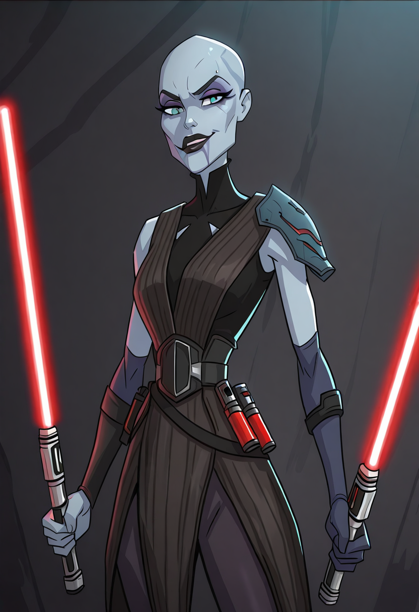 w3st3rnt00n, b4s4jj, 1girl, bald, grey:blue skin, facial tattoo, dark lips, purple eyeshadow, aqua eyes, smirk, cowboy shot, lightsaber, dual wielding,  single pauldron  <lora:Asajj_Ventress_Bounty_Hunter:1> <lora:Western_Toon_Style-000005:1>