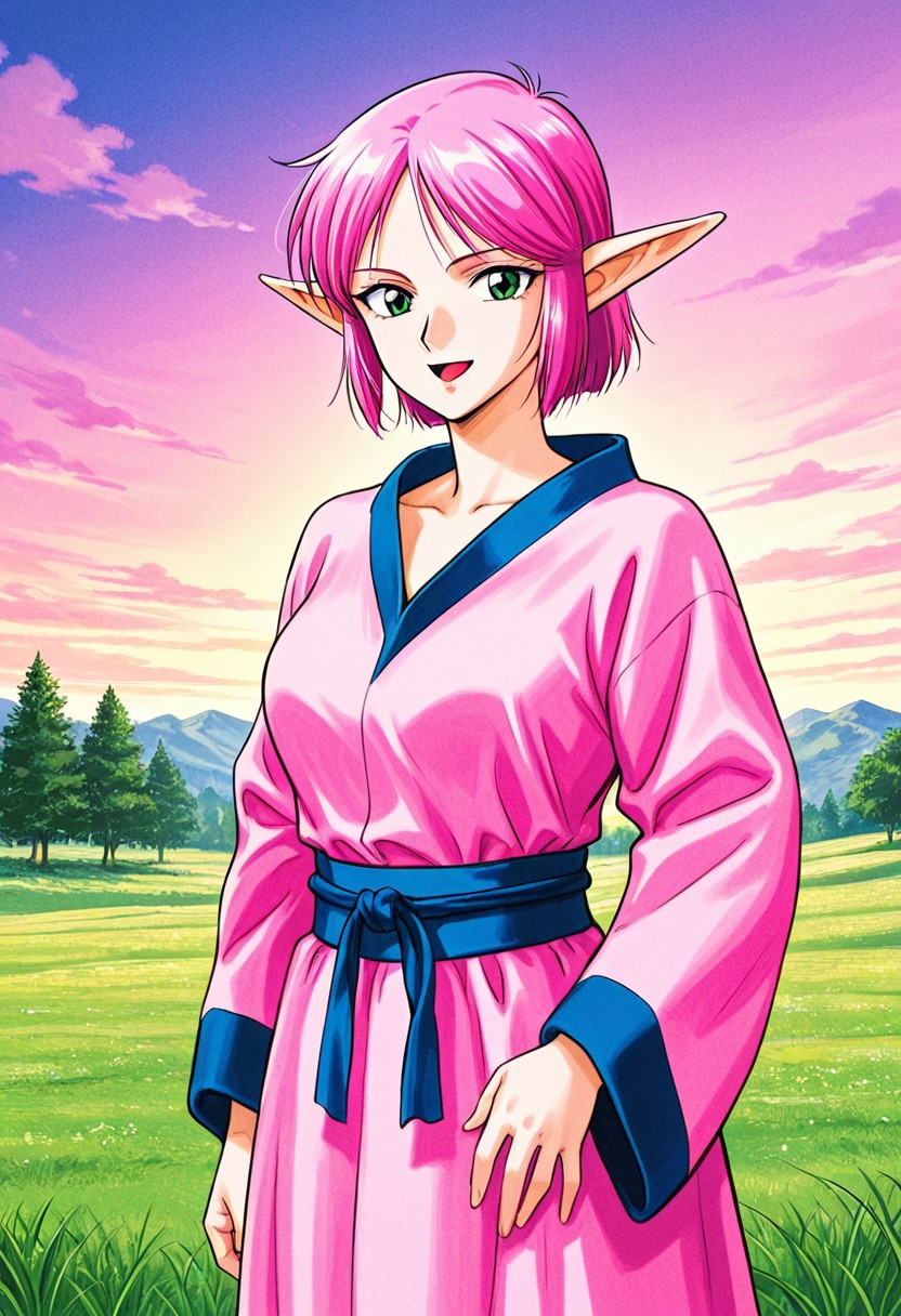 score_9,score_8_up,score_7_up,source_anime,5_figner,2d_animation,game cg,BREAK,1girl,solo,
ESUNA BUSY,elf,green eyes,pink hair,short hair,parted bangs,short bangs,pink dress,pointy ears,fantasy,long sleeves,robe,1990s \(style\),
medium breasts,smile,open mouth,looking at viewer,cowboyshot,
cloud,outdoor,grassland,tree,
masterpiece,best qualit,ultra-detailed,illustration,an extremely delicate and beautiful,beautiful detailed eyes,unity 8k wallpaper,high resolution,anime CG,official_art,