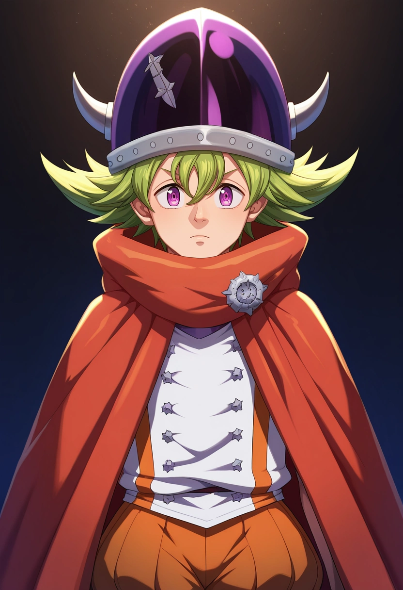 masterpiece, best quality, intricate details, (realistic:0.6), looking at viewer, 1boy, solo, male focus, <lora:percival_nnt_mny_ilxl:0.96>, percival_nnt_mny, green hair, purple eyes, spiked hair, hair between eyes, bangs, helmet, horned headwear, orange cape, puffy shorts,