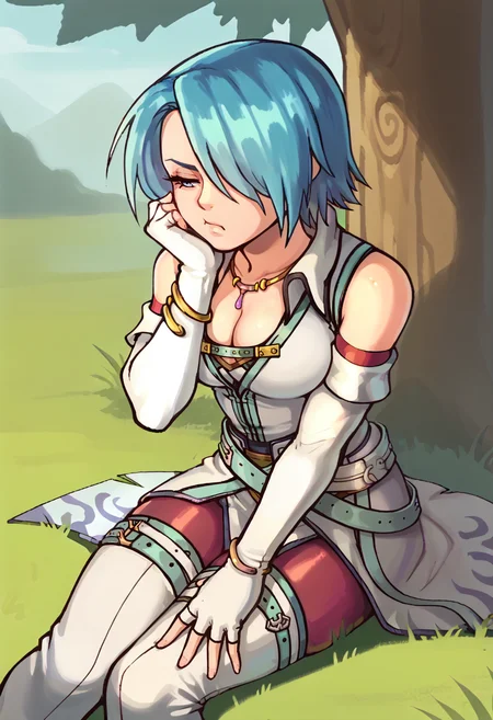 score_9, score_7_up, 1girl, sitting, on ground, head rest, bored, cheek squash, half-closed eyes, BREAK <lora:LuciaFE-pdxl:1> dawnLucia, short hair, hair over one eye, white jacket, sleeveless, cleavage, necklace, white elbow gloves, fingerless gloves, bangle, belt, red pantyhose, thigh boots, outdoors, grass, tree