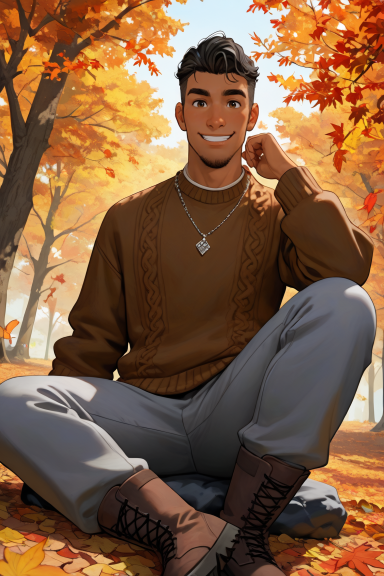 best quality, amazing quality, very aesthetic, absurdres, newest, dynamic angle, intricately detailed illustration, depth of field, masterpiece, volumetric lighting, expressive, dynamic action, masterpiece, perfect, clean detail, clean lines, smooth shading, 
BREAK, simple background, smiling, looking at viewer, casual pose, portrait, autumn vibes,
BREAK, 1boy, male focus, solo,coralpablo,black hair,brown eyes,facial hair,goatee,dark skin, brown sweater, grey pants, brown boots, necklace,