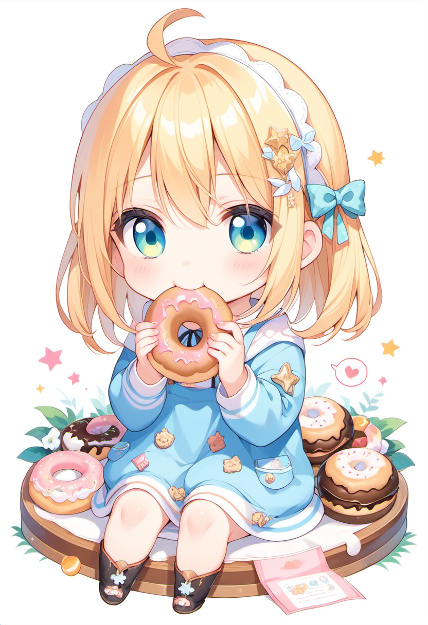 score_9, score_8_up, score_7_up, source_anime, (chibi), eating donut, spoken heart, sitting, simple background