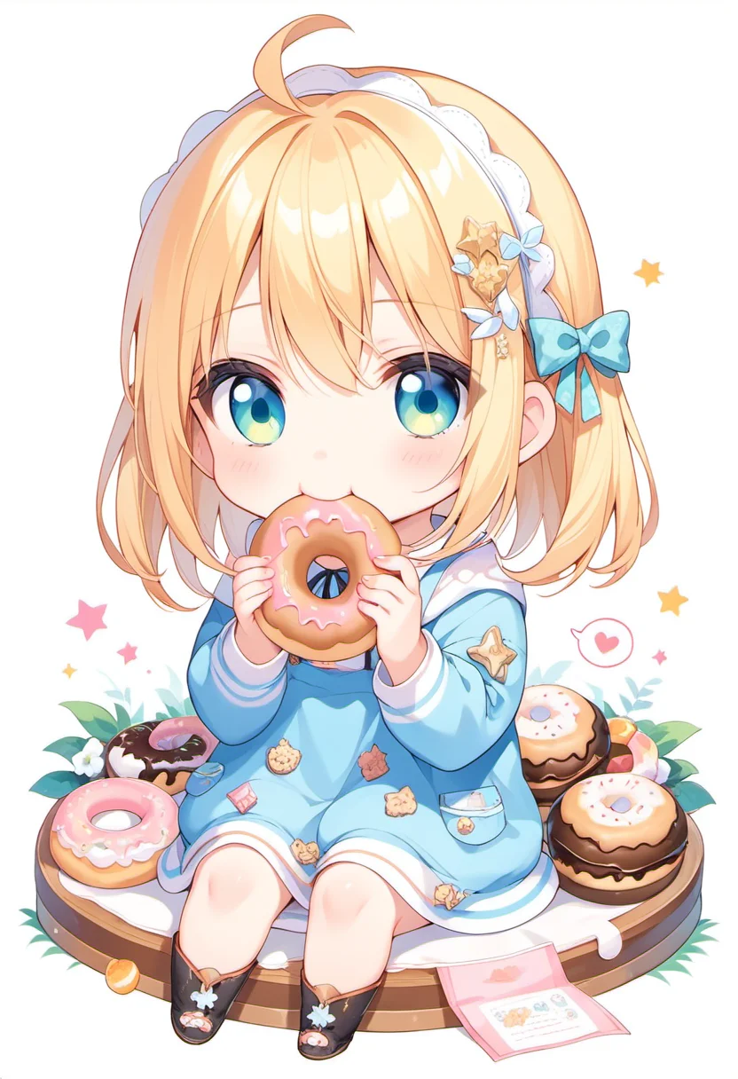 score_9, score_8_up, score_7_up, source_anime, (chibi), eating donut, spoken heart, sitting, simple background