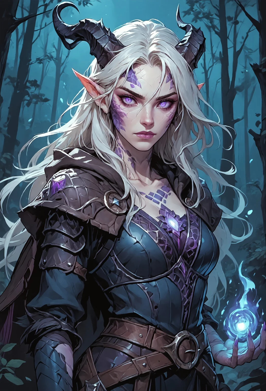 safe_pos, ((zPDXL3)), score_9, score_8_up, score_7_up, score_6_up, score_5_up, score_4_up, Digital painting style, brushstrokes,
1girl, solo, Zyra Dragon Sorceress, 1girl, solo, long blond hair, dragon horns, purple scale on face, bridgeless bra, scale on body, scaled shoulder pads, claws, scale bracers,  scaly pants, claws on feet, tail, dragon wings, Adult Woman, Slender Build, very-long hair, wild hair,  looking at viewer, slit pupils, black pupils, plain expression, medium breast, (extremely detailed face and eyes), closed mouth, collarbone, outdoors, tree, night, nature, leather armor, forest, in tree, hood, fur cloak, horns, large horns, jewelry on horns, face scales, neck scales, shoulder scales, casting spell, purple energy, purple ball, glowing purple fire, dragon girl,