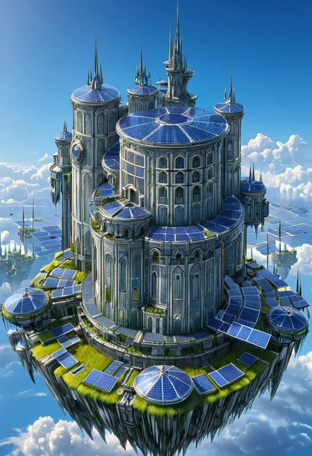 castle,
A traveler looking at a gigantic castle made of dozens of towers, medical, white, grass,matchcraft floating island , floating island, towers , sky , fly , cloud, solar punk,solarpunk ,solar panels