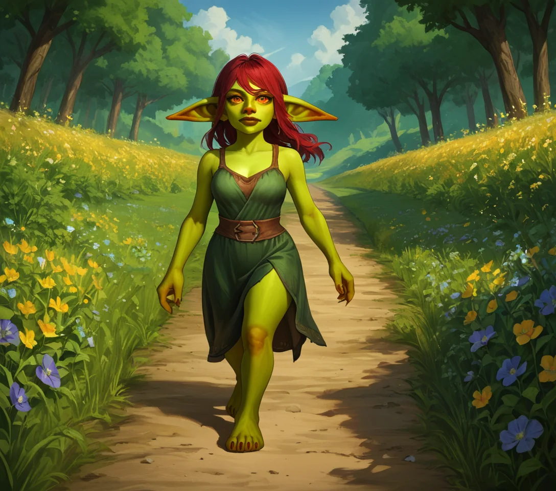 score_9_up,score_8_up,score_7_up,score_6_up,score_5_up,score_4_up, masterpiece, high quality, digital painting, source_furry, source_monster, source_anime, BREAK,
field of flowers, flower dress, walking,
Goblin, 1girl, (green skin), large ears, large nose, detailed eyes,
<lora:Goblins for PonyXL:0.7>