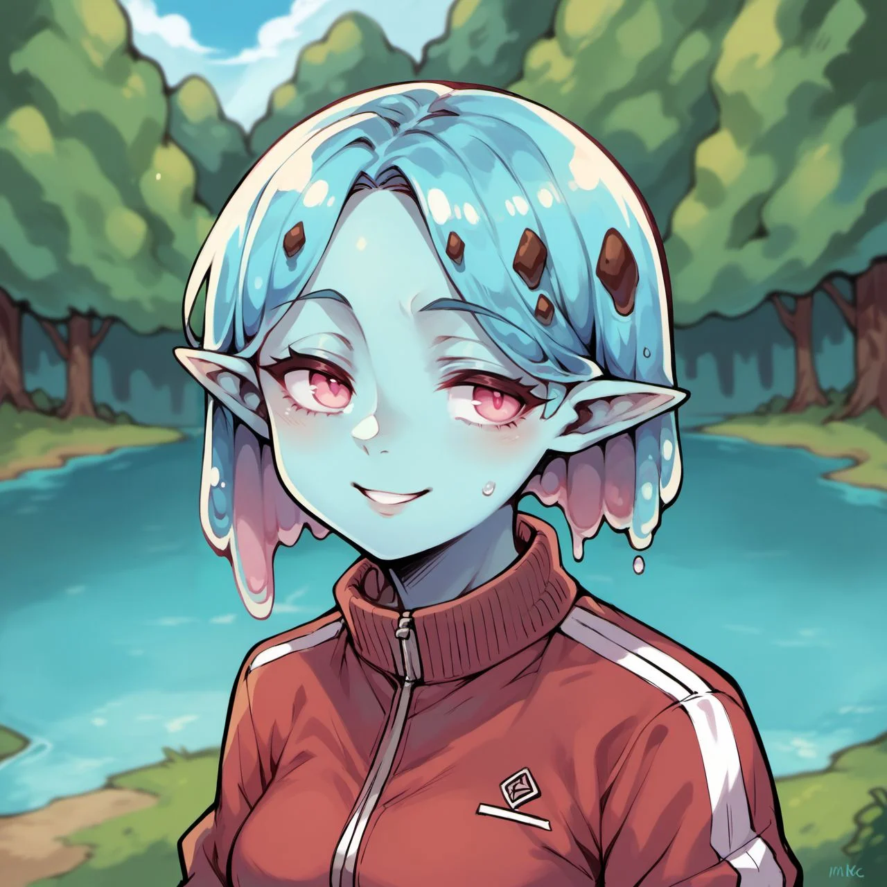 score_9, score_8_up, score_7_up, score_6_up, mincho,
blue skin, colored skin, liquid hair, pointy ears, outdoors,nature, solo, half-closed eyes,smile, 1girl, bob_cut, pink eyes, track jacket, red jacket, standing, upper body,
<lora:mincho_race_v1-000007:0.9>,
